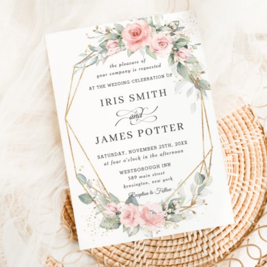 Chic Blush Pink Floral Greenery Wedding Geometric Kaart