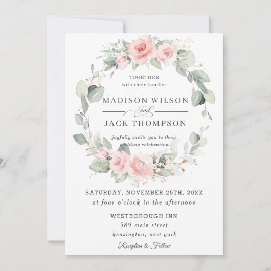 Chic Blush Pink Floral Greenery Wreath Wedding Kaart (Voorkant)