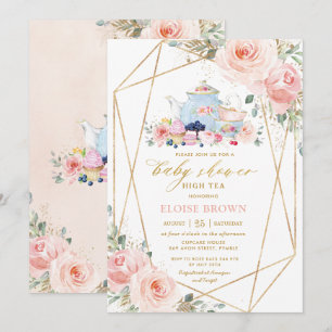 Chic Blush Pink Floral High Tea Baby shower Kaart