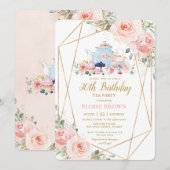 Chic Blush Pink Floral High Tea Birthday Party Kaart (Voorkant / Achterkant)