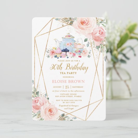 Chic Blush Pink Floral High Tea Birthday Party Kaart (Staand voorkant)
