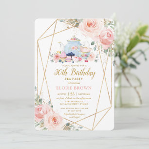 Chic Blush Pink Floral High Tea Birthday Party Kaart