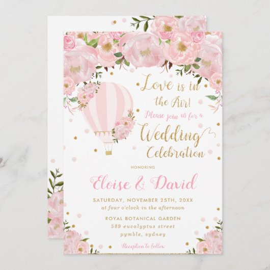 Chic Blush Pink Floral Hot Air Ballonbruiloft Kaart (Voorkant / Achterkant)