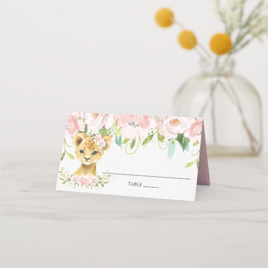 Chic Blush Pink Floral Lion Cub Guest Name Plaatskaartje (Voorkant)