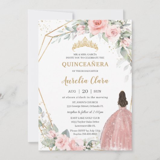 Chic Blush Pink Floral Princess Crown Quinceañera Kaart (Voorkant)