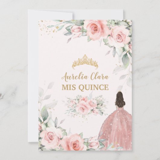 Chic Blush Pink Floral Princess Crown Quinceañera Kaart (Achterkant)