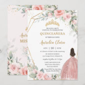 Chic Blush Pink Floral Princess Crown Quinceañera Kaart (Voorkant / Achterkant)