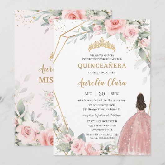Chic Blush Pink Floral Princess Crown Quinceañera Kaart (Voorkant / Achterkant)