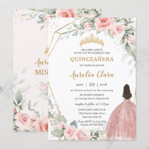 Chic Blush Pink Floral Princess Crown Quinceañera Kaart