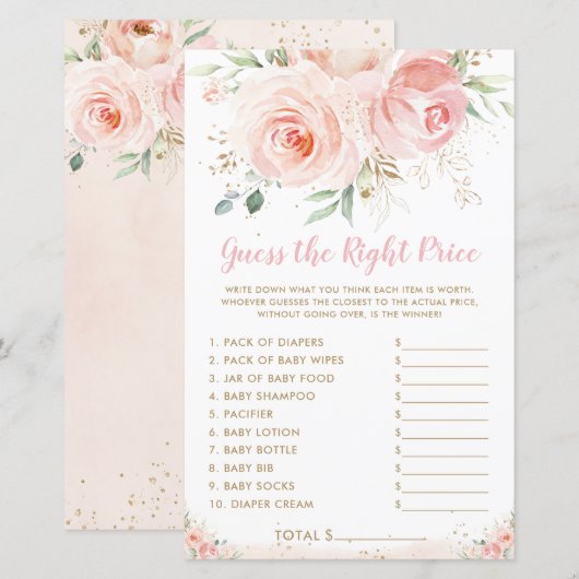 Chic Blush Pink Floral raad het juiste prijsspel (Voorkant / Achterkant)