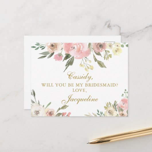 Chic Blush Pink Floral zal je mijn Bridesmaid zijn Briefkaart (Voorkant / Achterkant in situ)