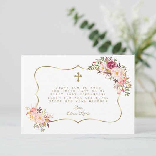 Chic Blush Pink Flowers Gold Cross Heilige Communi Bedankkaart (Staand voorkant)
