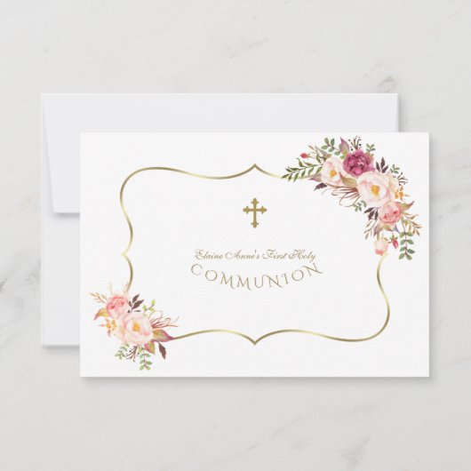 Chic Blush Pink Flowers Gold Cross Heilige Communi Bedankkaart (Achterkant)