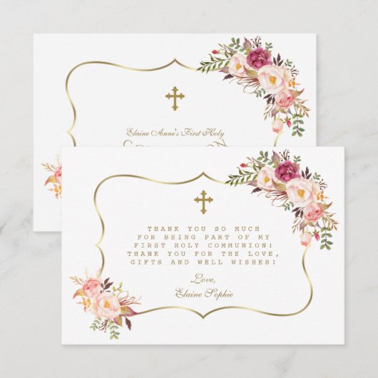 Chic Blush Pink Flowers Gold Cross Heilige Communi Bedankkaart (Voorkant / Achterkant)