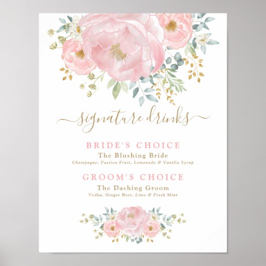 Chic Blush Pink Flowers Wedding Signature Drinken Poster (Voorkant)