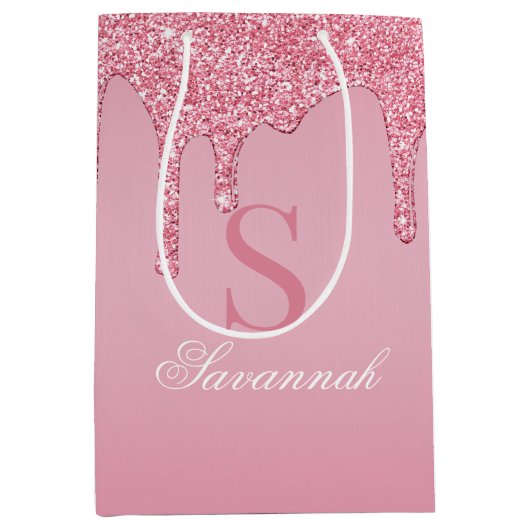Chic Blush Pink Glitter Drips Sparkle Monogram Medium Cadeauzakje (Voorkant)