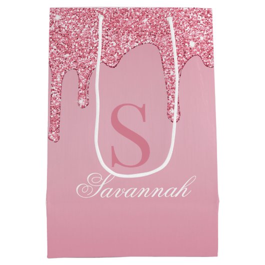 Chic Blush Pink Glitter Drips Sparkle Monogram Medium Cadeauzakje (Achterkant)