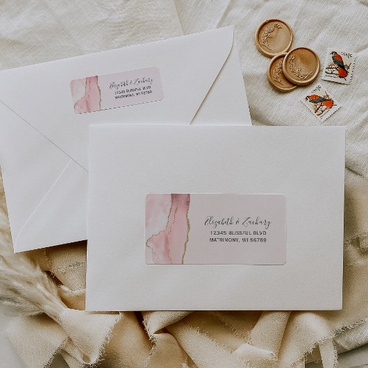 Chic Blush Pink Gold Agate Weduwingadres Etiket
