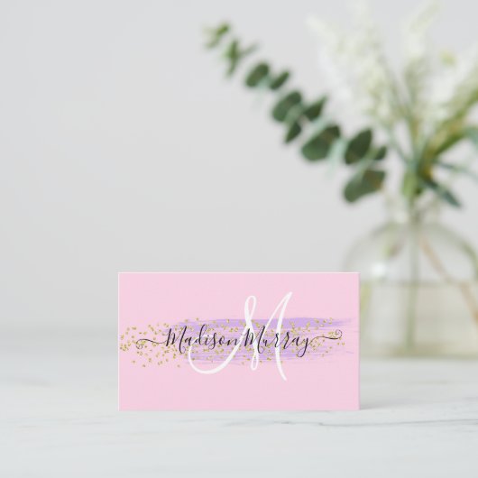 Chic Blush Pink Gold Confetti Lila monogram naam Visitekaartje (Staand voorkant)