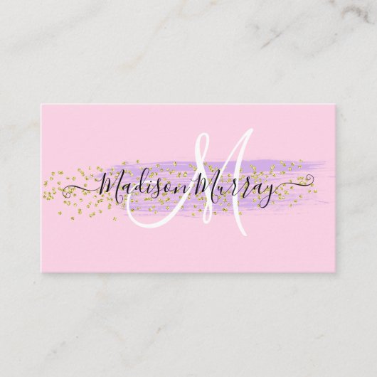 Chic Blush Pink Gold Confetti Lila monogram naam Visitekaartje (Voorkant)