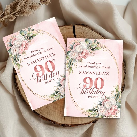 Chic Blush Pink Gold Eucalyptus 90th Birthday Card Bedankkaart