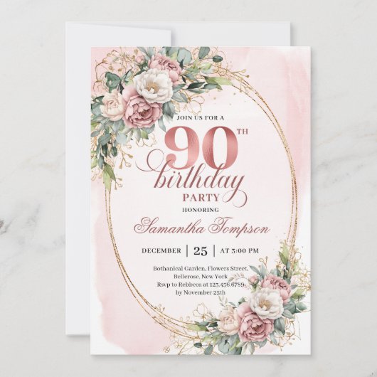 Chic Blush Pink Gold Eucalyptus 90th Birthday Kaart (Voorkant)