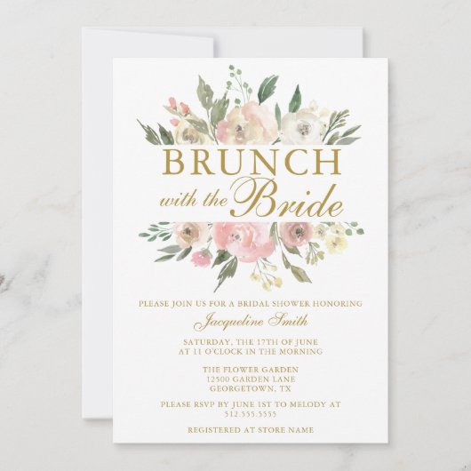 Chic Blush Pink Gold Floral Bridal Brunch Shower Kaart (Voorkant)