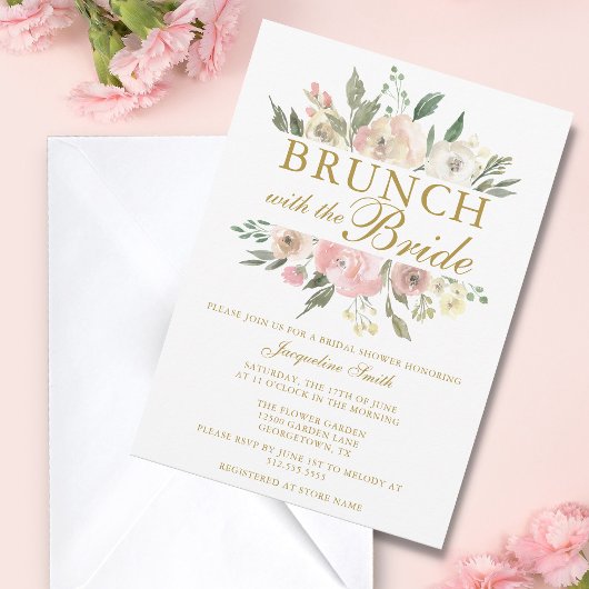 Chic Blush Pink Gold Floral Bridal Brunch Shower Kaart