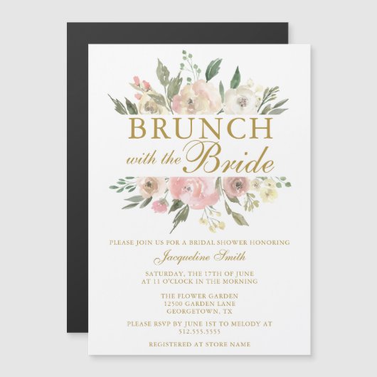 Chic Blush Pink Gold Floral Bridal Brunch Shower Magnetische Uitnodiging (Voorkant / Achterkant)