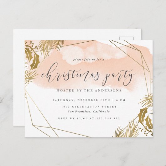 Chic Blush Pink & Gold Foliage kerstparty Uitnodiging Briefkaart (Voorkant / Achterkant)