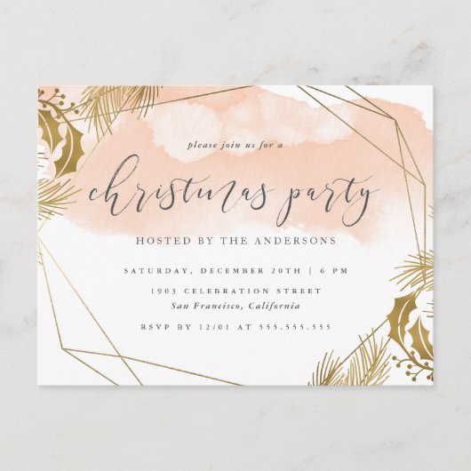 Chic Blush Pink & Gold Foliage kerstparty Uitnodiging Briefkaart (Voorkant)