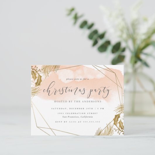 Chic Blush Pink & Gold Foliage kerstparty Uitnodiging Briefkaart (Staand voorkant)
