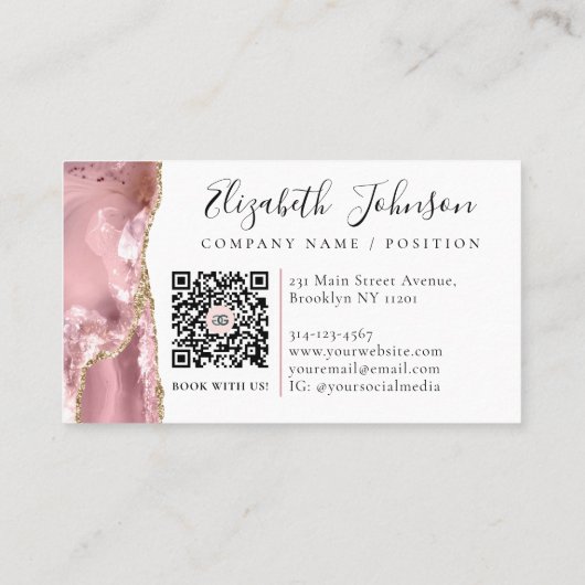 Chic Blush Pink Gold Glitter Agate Marble QR Code Visitekaartje (Achterkant)