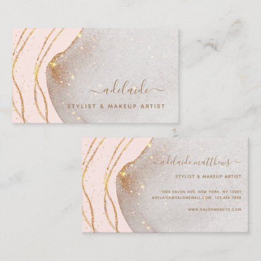 Chic Blush Pink Gold Glitter Handtekening Naam Aga Visitekaartje (Voorkant / Achterkant)