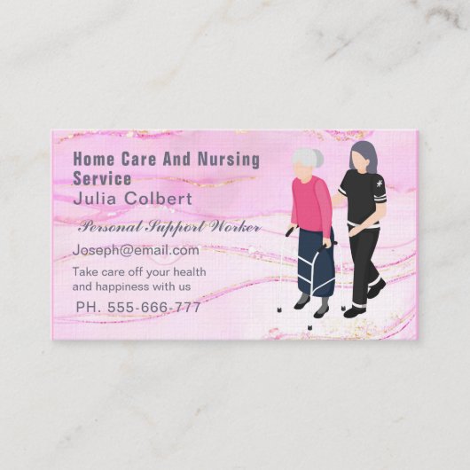 Chic Blush Pink Gold Glitter Marble Agat Verzorger Visitekaartje (Voorkant)