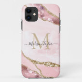 Chic Blush Pink Gold Glitter Marble Agate Monogram Case-Mate iPhone Case (Achterkant)