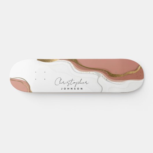 Chic Blush Pink Gold Glitter Marble Agate Monogram Persoonlijk Skateboard (Horizontaal)