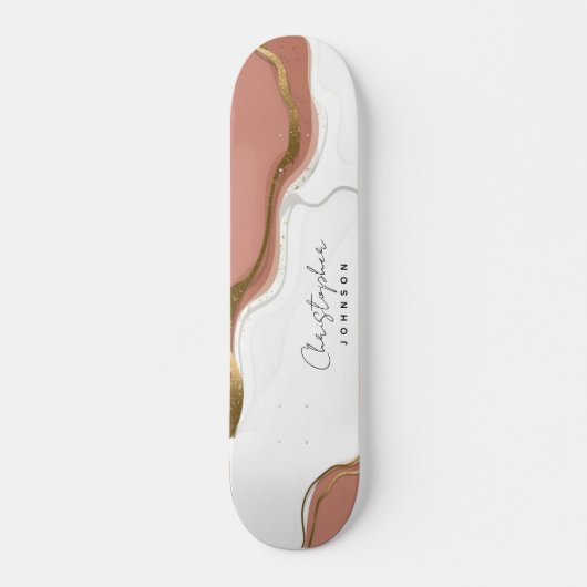 Chic Blush Pink Gold Glitter Marble Agate Monogram Persoonlijk Skateboard (Voorkant)