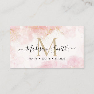 Chic Blush Pink Gold Glitter Marble Agate Monogram Visitekaartje