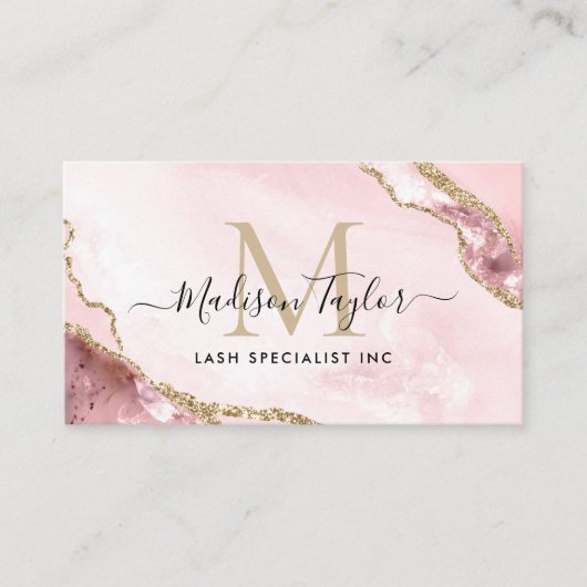 Chic Blush Pink Gold Glitter Marble Agate Monogram Visitekaartje (Voorkant)