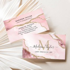 Chic Blush Pink Gold Glitter Marble Agate Monogram Visitekaartje