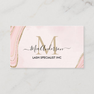 Chic Blush Pink Gold Glitter Marble Agate Monogram Visitekaartje