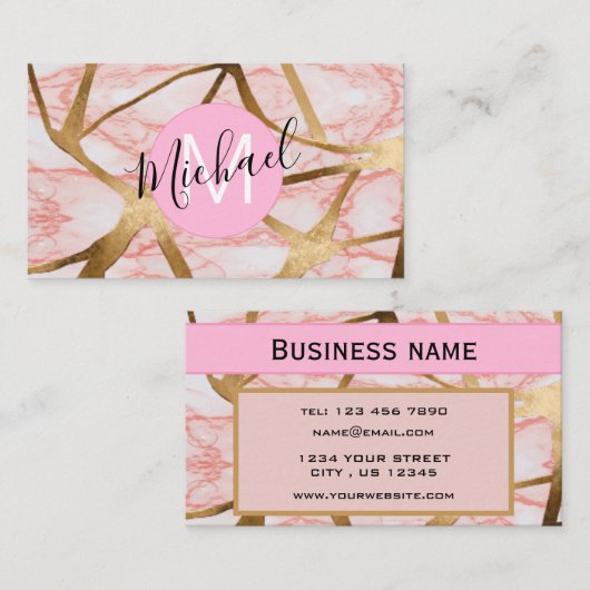 Chic Blush Pink Gold Glitter Marble Agate Monogram Visitekaartje (Voorkant / Achterkant)