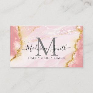 Chic Blush Pink Gold Glitter Marble Agate Monogram Visitekaartje