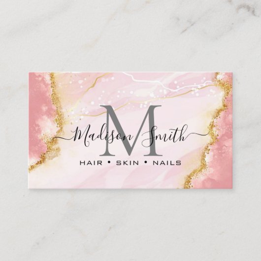 Chic Blush Pink Gold Glitter Marble Agate Monogram Visitekaartje (Voorkant)