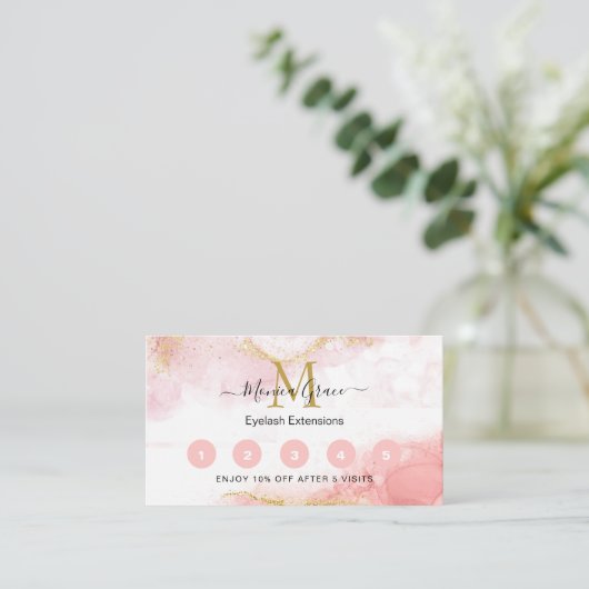 Chic Blush Pink Gold Glitter Marble Monogram Visitekaartje (Staand voorkant)