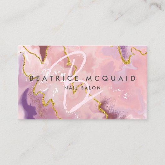 Chic Blush Pink Gold Glitter Marble Monogram Visitekaartje (Voorkant)