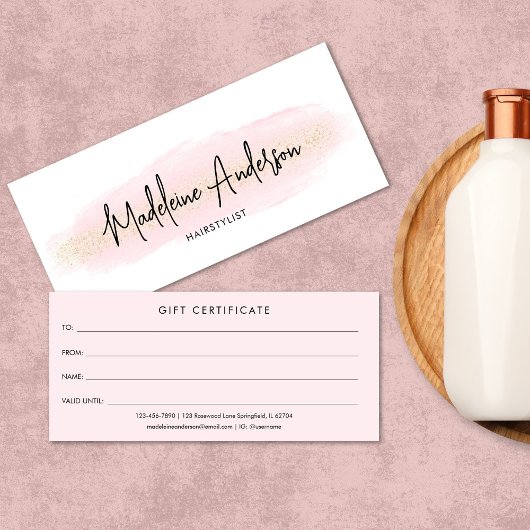 Chic Blush Pink Gold Hair stylist Gift Certificate