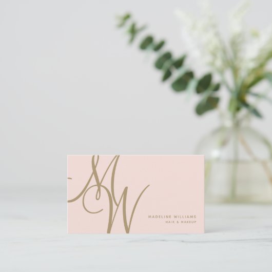 Chic Blush Pink Gold Monogram Script-Initialen Visitekaartje (Staand voorkant)