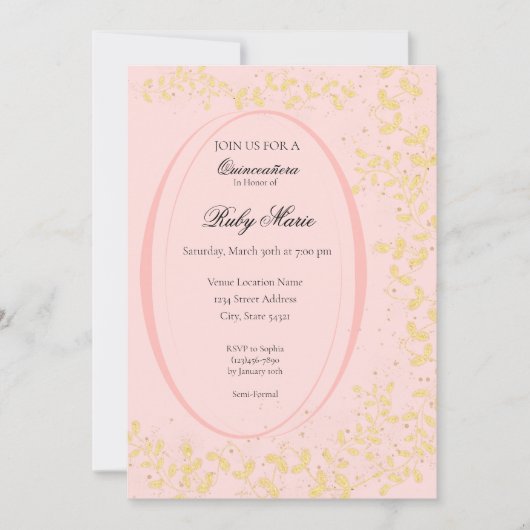Chic Blush Pink & Gold Quinceanera Invitation Kaart (Voorkant)